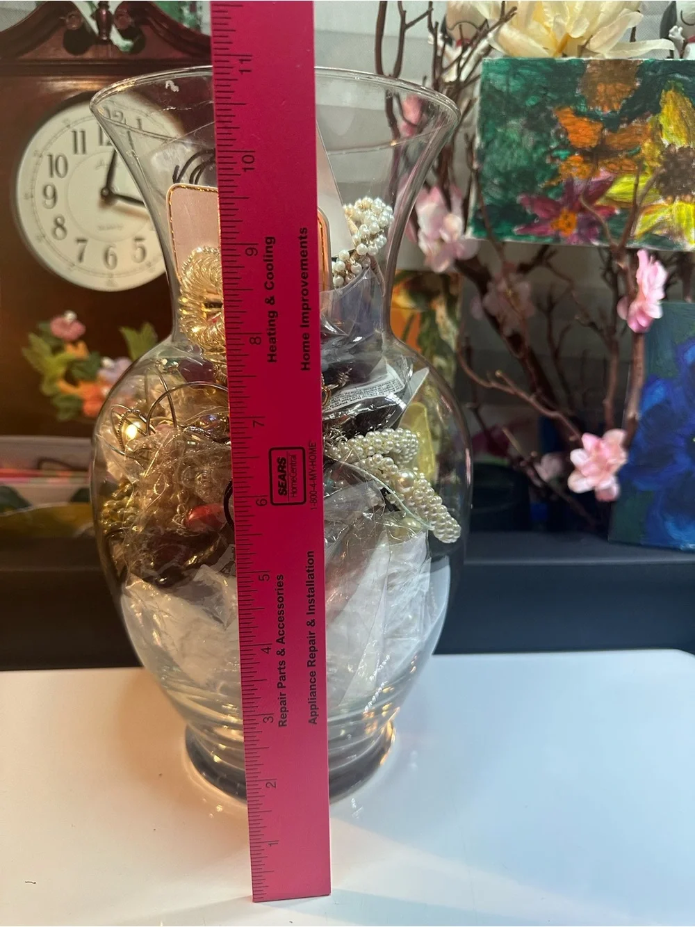 Glass Decorative Vase Filled with Gold and Pearl Accents - Unbranded